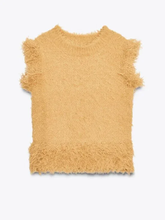 Zara Mustard Yellow Ruffle Trim Textured Fuzzy Knit Vest Top, Size Small - Picture 9 of 16